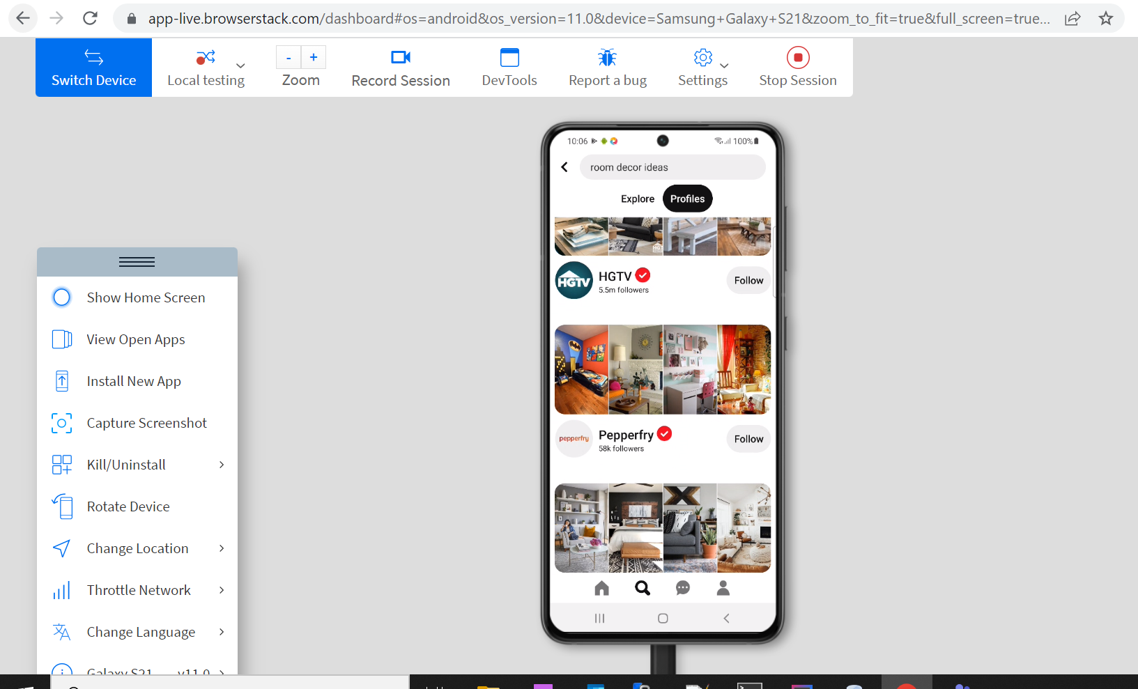 UI Test of React Native App Pinterest on Android Phone